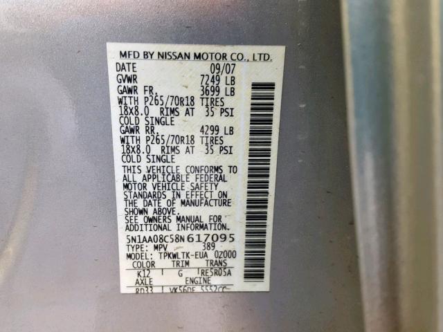 5N1AA08C58N617095 - 2008 NISSAN ARMADA SE GRAY photo 10