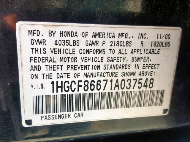 1HGCF86671A037548 - 2001 HONDA ACCORD VAL GREEN photo 10