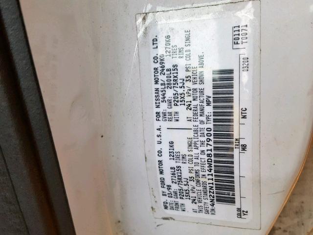 4N2ZN1114WD817900 - 1998 NISSAN QUEST XE WHITE photo 10