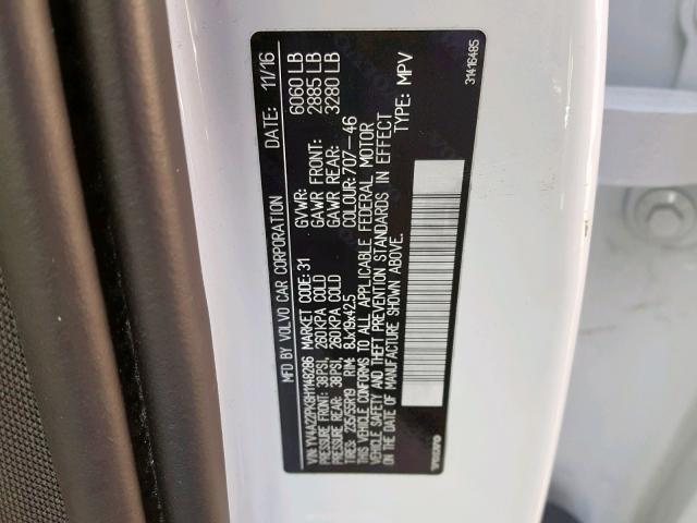 YV4A22PK8H1148286 - 2017 VOLVO XC90 T6 WHITE photo 10