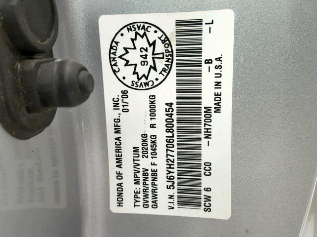 5J6YH27706L800454 - 2006 HONDA ELEMENT EX SILVER photo 10