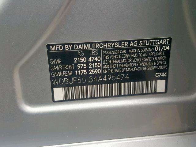 WDBUF65J34A495474 - 2004 MERCEDES-BENZ E 320 SILVER photo 10