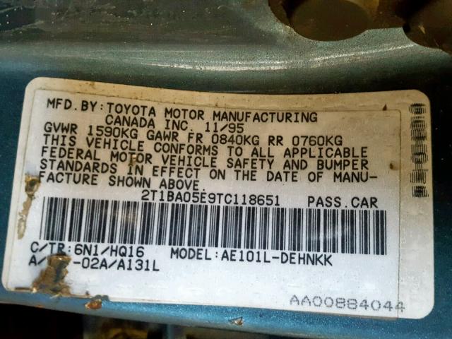 2T1BA05E9TC118651 - 1996 TOYOTA COROLLA DX BLUE photo 10