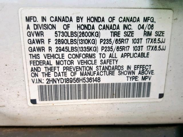 2HNYD18956H536148 - 2006 ACURA MDX TOURIN WHITE photo 10