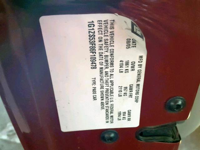 1G1ZS53F86F109478 - 2006 CHEVROLET MALIBU LS Tünd qırmızı foto 10