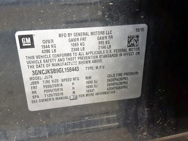 3GNCJKSB9GL158443 - 2016 CHEVROLET TRAX LS CHARCOAL photo 10