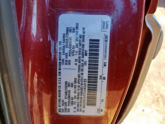 4N2ZN16T21D824122 - 2001 NISSAN QUEST SE RED photo 10