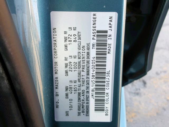 JM1BL1U53B1402054 - 2011 MAZDA 3 S TEAL photo 10