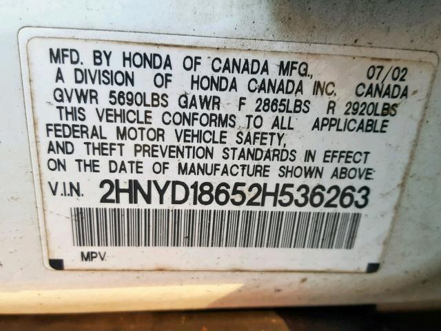 2HNYD18652H536263 - 2002 ACURA MDX TOURIN WHITE photo 10