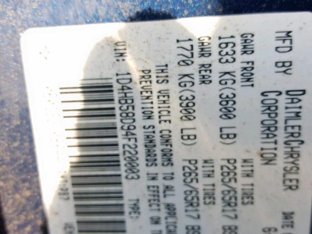 1D4HB58D94F220003 - 2004 DODGE DURANGO LI BLUE photo 10