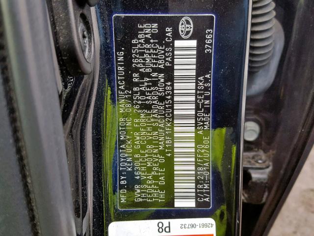 4T1BF1FK2CU154384 - 2012 TOYOTA CAMRY BASE BLACK photo 10