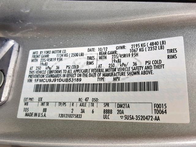 1FMCU9J91DUB53189 - 2013 FORD ESCAPE TIT SILVER photo 10