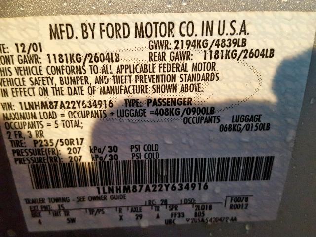 1LNHM87A22Y634916 - 2002 LINCOLN LS SILVER photo 10