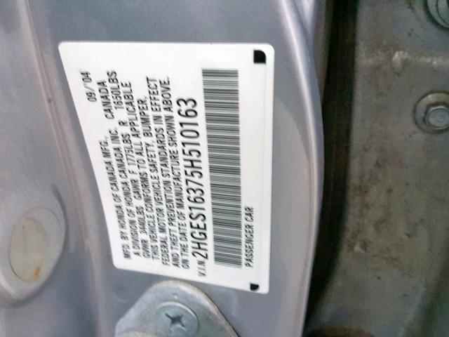 2HGES16375H510163 - 2005 HONDA CIVIC DX V SILVER photo 10