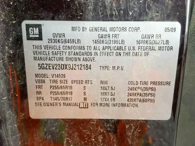 5GZEV23DX9J212184 - 2009 SATURN OUTLOOK XR იასამნისფერი ფოტო 10