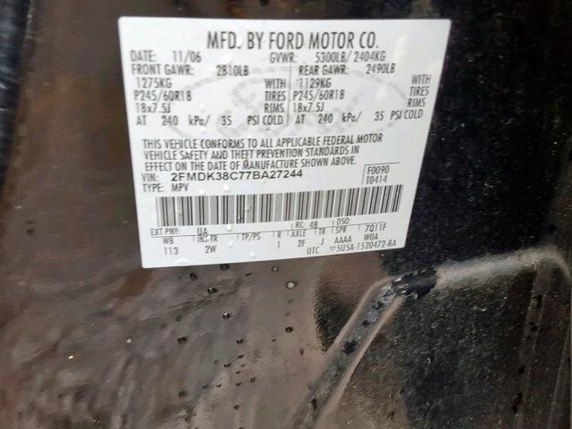 2FMDK38C77BA27244 - 2007 FORD EDGE SEL BLACK photo 10