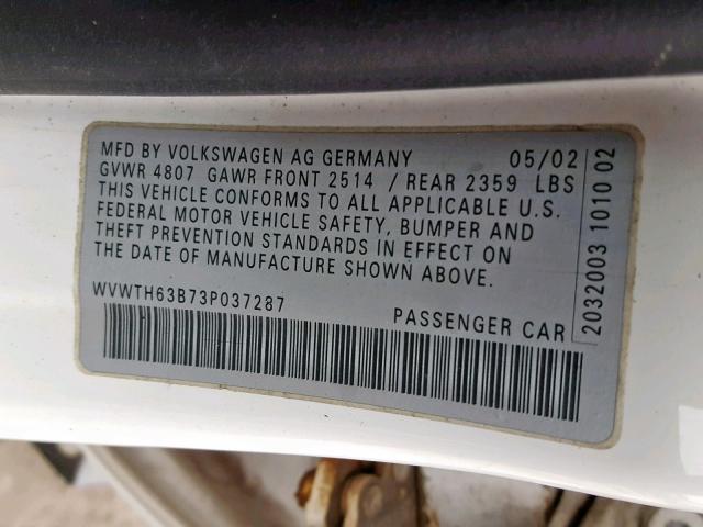 WVWTH63B73P037287 - 2003 VOLKSWAGEN PASSAT GLX 白色 照片 10