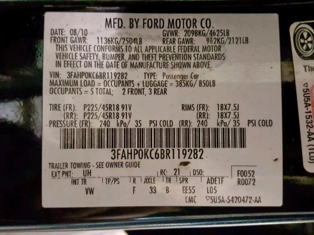 3FAHP0KC6BR119282 - 2011 FORD FUSION SPO BLACK photo 10