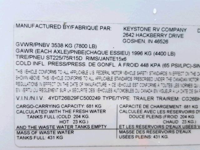 4YDT26B29FC500249 - 2015 KEYSTONE COUGAR WHITE photo 10