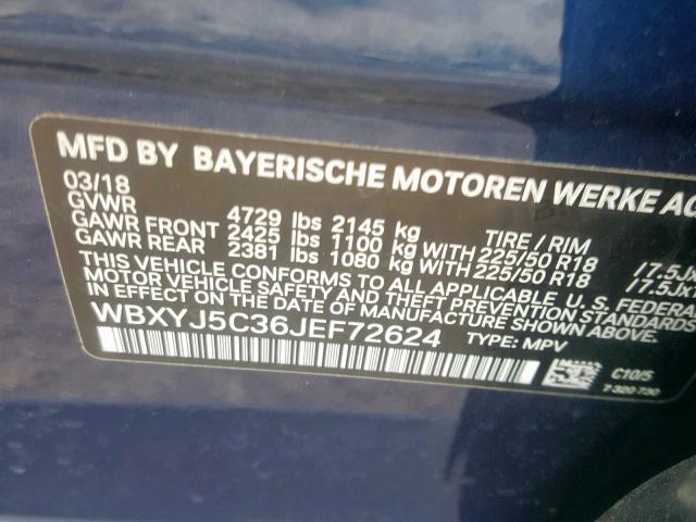 WBXYJ5C36JEF72624 - 2018 BMW X2 XDRIVE2 BLUE photo 10