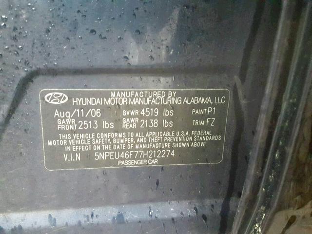 5NPEU46F77H212274 - 2007 HYUNDAI SONATA SE BLUE photo 10