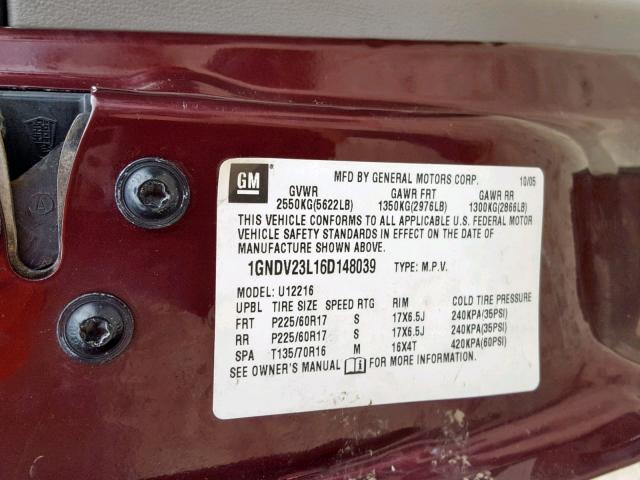 1GNDV23L16D148039 - 2006 CHEVROLET UPLANDER L MAROON photo 10