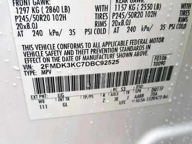 2FMDK3KC7DBC92525 - 2013 FORD EDGE LIMIT WHITE photo 10