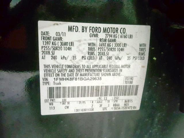 1FMHK8F81BGA29635 - 2011 FORD EXPLORER L BLACK photo 10