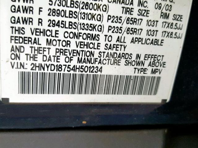 2HNYD18754H501234 - 2004 ACURA MDX TOURIN BLUE photo 10