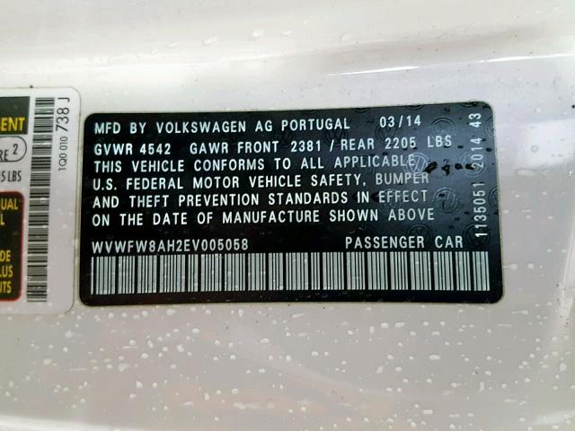 WVWFW8AH2EV005058 - 2014 VOLKSWAGEN EOS LUX 白色 照片 10