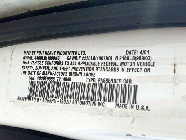 4S3BE686617214845 - 2001 SUBARU LEGACY OUT WHITE photo 10