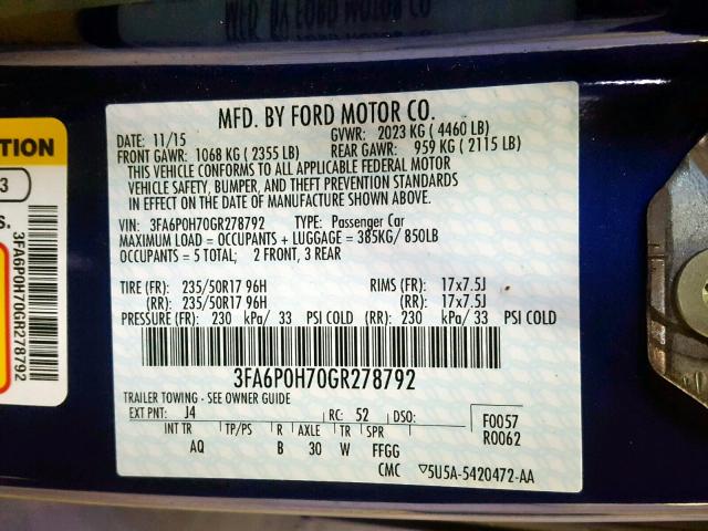 3FA6P0H70GR278792 - 2016 FORD FUSION SE BLUE photo 10