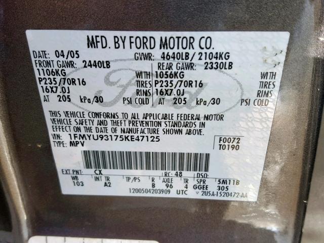 1FMYU93175KE47125 - 2005 FORD ESCAPE XLT GRAY photo 10