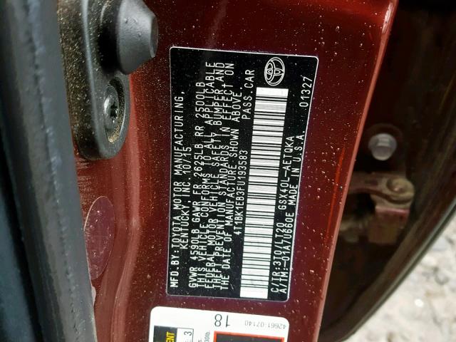 4T1BK1EB3FU193583 - 2015 TOYOTA AVALON XLE MAROON photo 10