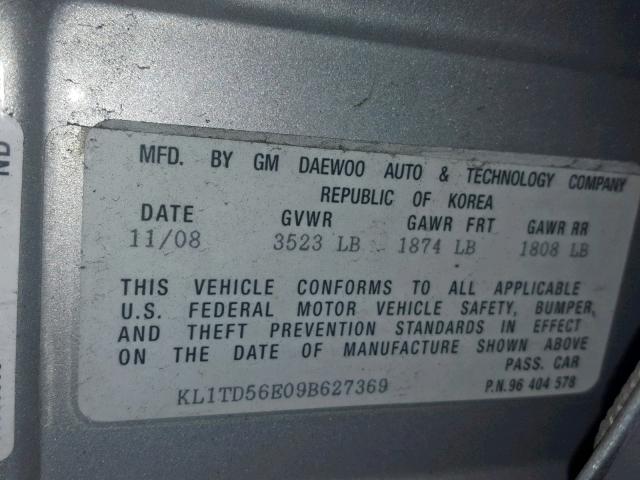 KL1TD56E09B627369 - 2009 CHEVROLET AVEO LS SILVER photo 10