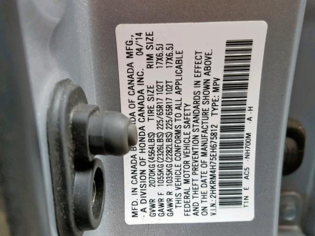 2HKRM4H75EH675812 - 2014 HONDA CR-V EXL SILVER photo 10