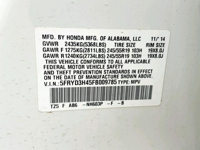 5FRYD3H45FB009785 - 2015 ACURA MDX TECHNO WHITE photo 10