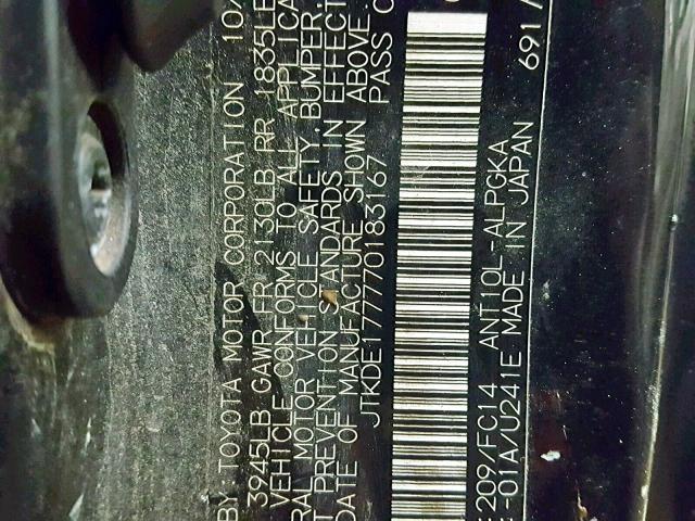 JTKDE177770183167 - 2007 TOYOTA SCION TC შავი ფოტო 10