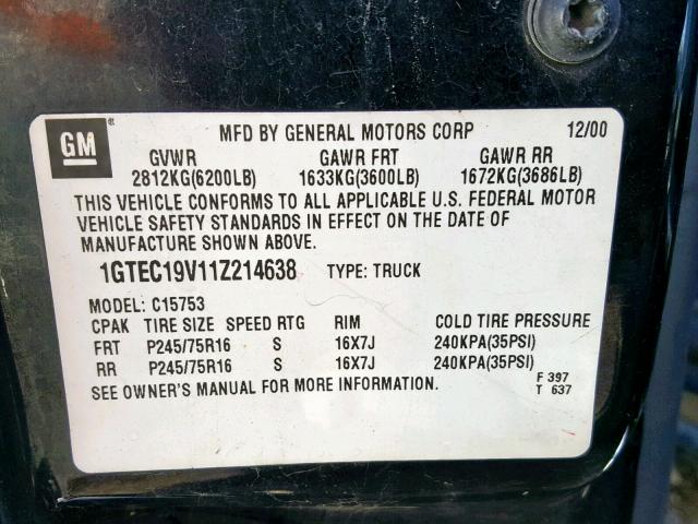 1GTEC19V11Z214638 - 2001 GMC NEW SIERRA BLACK photo 10