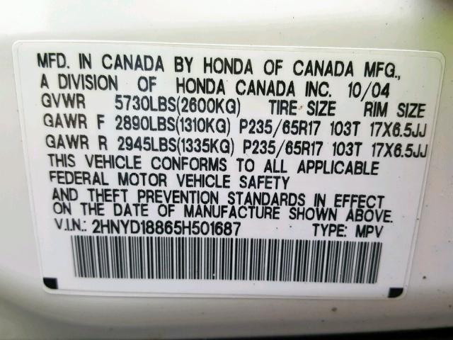 2HNYD18865H501687 - 2005 ACURA MDX TOURIN WHITE photo 10