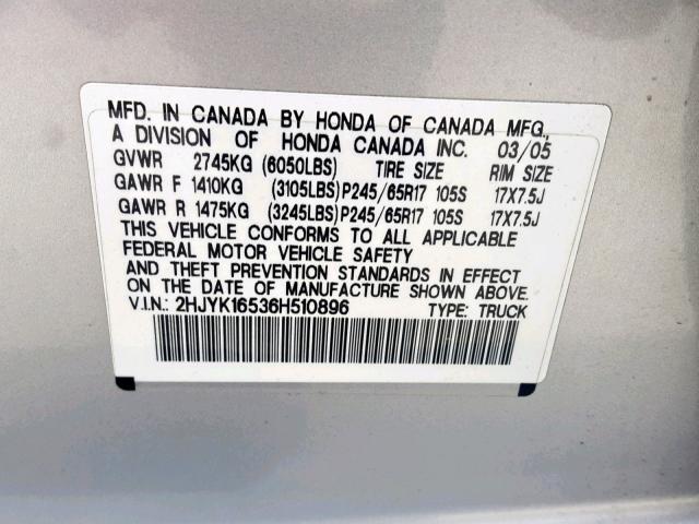 2HJYK16536H510896 - 2006 HONDA RIDGELINE SILVER photo 10