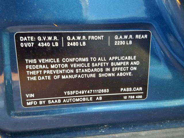 YS3FD49Y471112683 - 2007 SAAB 9-3 2.0T BLUE photo 10