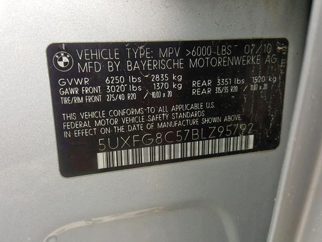 5UXFG8C57BLZ95792 - 2011 BMW X6 XDRIVE5 Күміс фото 10