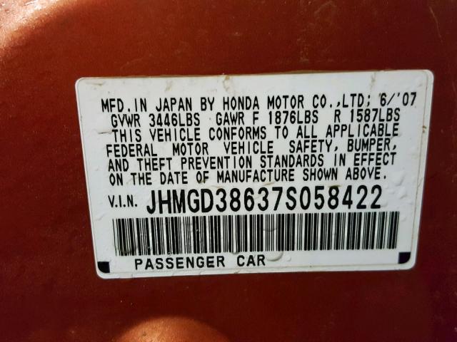 JHMGD38637S058422 - 2007 HONDA FIT S 橙色 照片 10