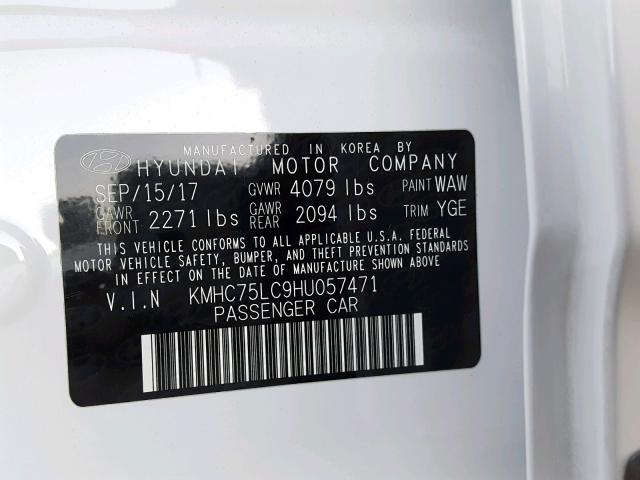 KMHC75LC9HU057471 - 2017 HYUNDAI IONIQ SEL WHITE photo 10