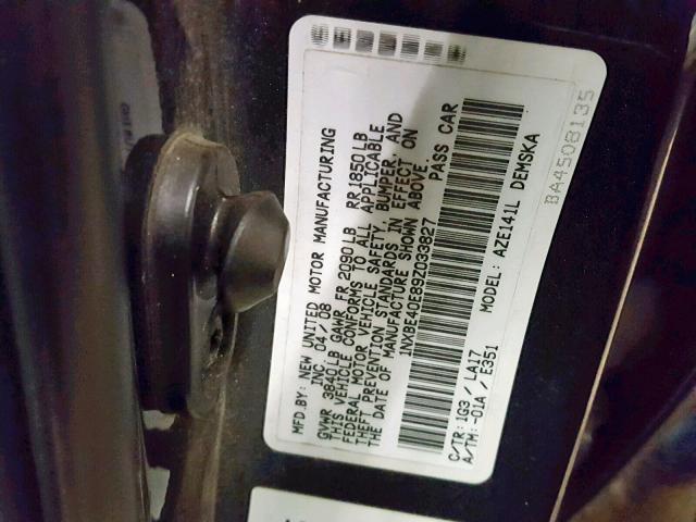 1NXBE40E89Z033827 - 2009 TOYOTA COROLLA XR GRAY photo 10