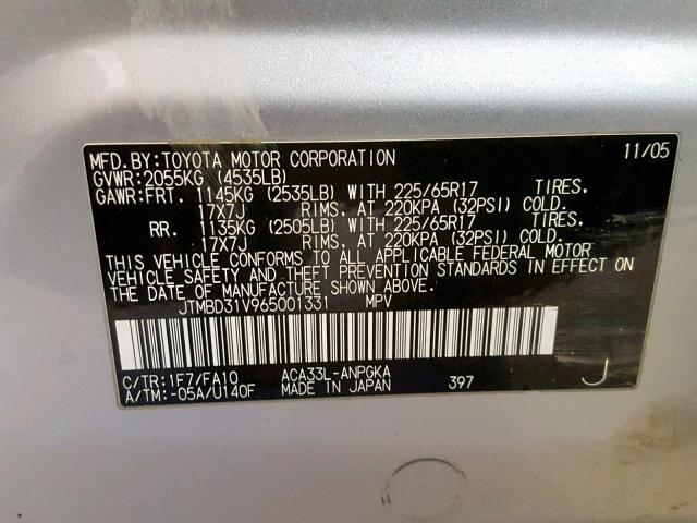 JTMBD31V965001331 - 2006 TOYOTA RAV4 LIMIT SILVER photo 10