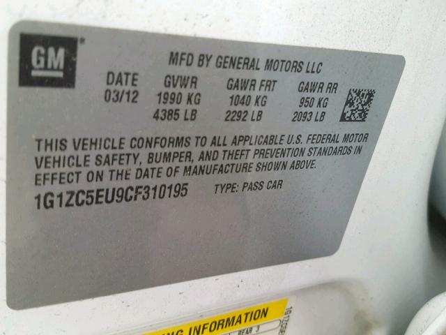 1G1ZC5EU9CF310195 - 2012 CHEVROLET MALIBU 1LT 白色 照片 10