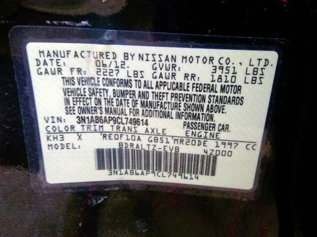 3N1AB6AP9CL749614 - 2012 NISSAN SENTRA 2.0 BLACK photo 10