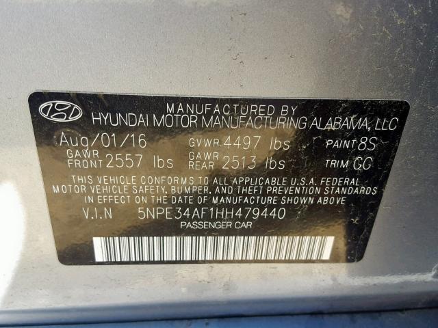 5NPE34AF1HH479440 - 2017 HYUNDAI SONATA SPO SILVER photo 10